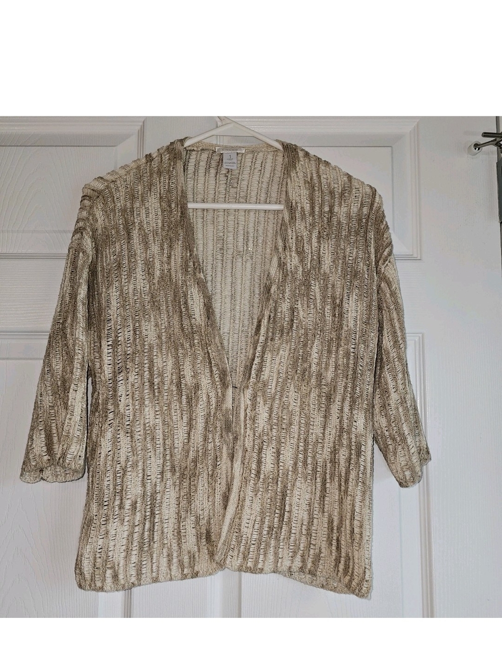Chicos 1 (US M/8) Open Cardigan Crochet Cream Tan Cotton Blend ¾ Sleeve Earthy